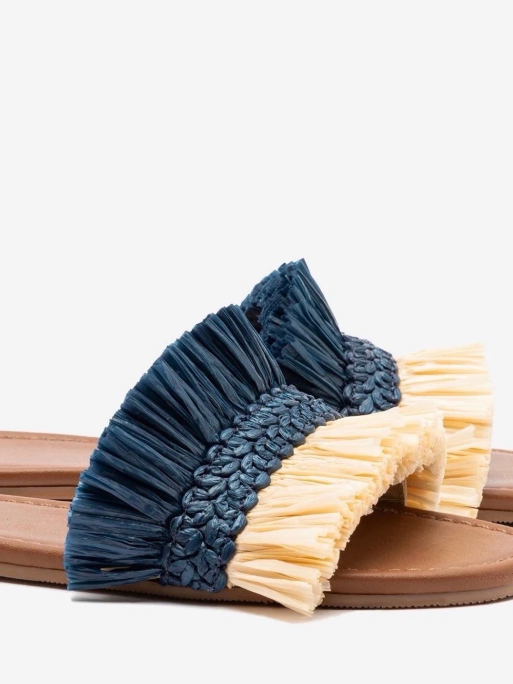 Woven Raffia Slide Sandals in Navy and Cream